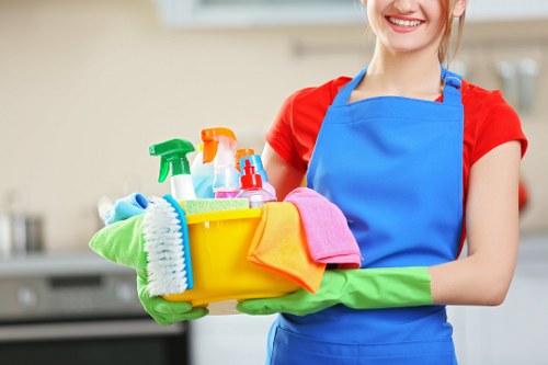 Carpet cleaning team preparing safe equipment and protective measures