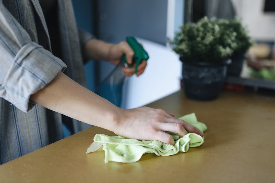 A person using a cloth to wipe a wooden surface while holding a spray bottle in the other hand. The scene is well-lit, likely by natural light, and shows a tidy table with a potted plant in the background. The individual is wearing a plaid shirt rolled up at the sleeves, engaging in surface cleaning as part of domestic hygiene or deep cleaning practices. Carpet Cleaners NW5 emphasizes thorough sanitisation and surface maintenance in residential cleaning, reflecting the focus of the page titled 'Insider tips to avoid hidden cleaning costs in Kentish Town, NW5'.