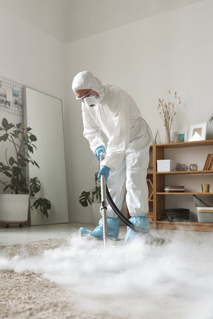 A professional cleaning technician wearing full protective gear, including a white coverall, face mask, gloves, and goggles, is operating a steam or fogging device on a beige carpet in a modern, well-lit living room. The room features wooden shelves with decorative items, potted plants, and a full-length mirror. The cleaning process involves the use of equipment that produces mist or steam, indicating a deep cleaning or sanitisation procedure to ensure hygiene and cleanliness. The space has white walls and a minimalistic decor, with natural light illuminating the scene. Carpet Cleaners NW5 is engaging in surface cleaning to maintain high standards of hygiene within a domestic setting.