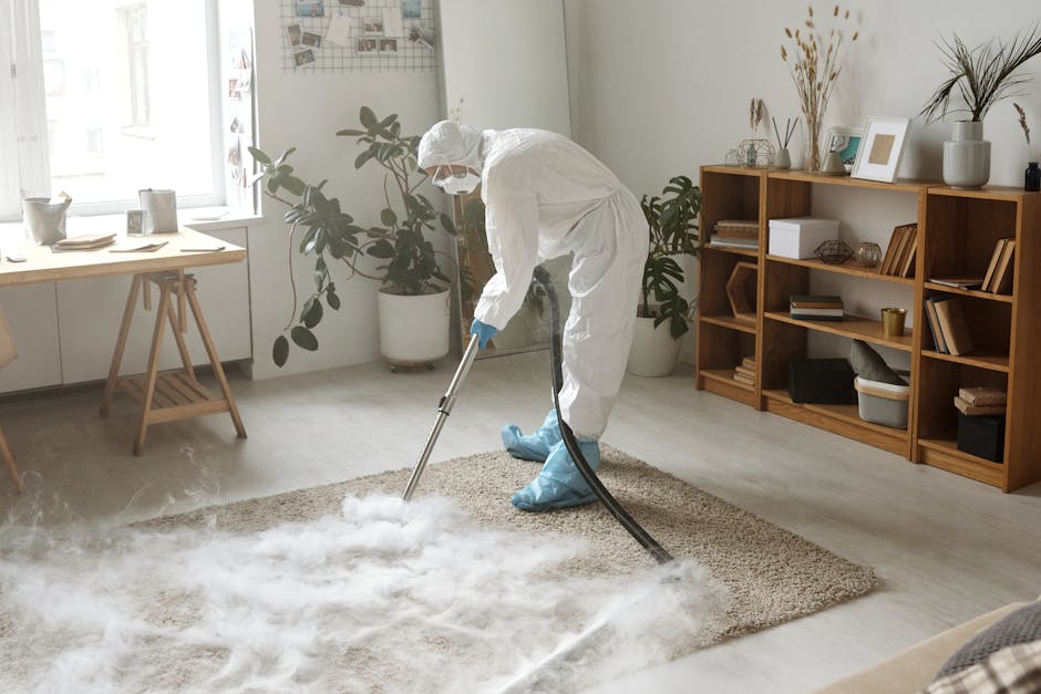A person wearing orange work trousers and white shoes using a yellow vacuum cleaner with a black hose attachment to perform surface cleaning on a tiled floor in a modern living room. The room features a grey fabric sofa with a white cushion, a black metal and glass coffee table, and large windows allowing natural light to illuminate the space. The vacuum cleaner is positioned on the tile flooring, which appears clean and dust-free, demonstrating professional deep cleaning and sanitisation by Carpet Cleaners NW5 as part of their domestic cleaning services in Kentish Town NW5.